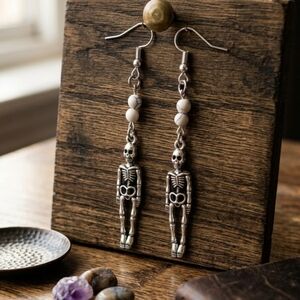 ​​Goth Dark Witch Halloween Skeletons Body Dangle Earrings W/ Real Crystals